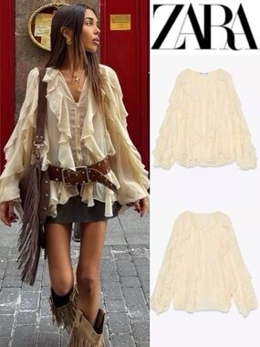ZARA Ruffled Ivory Chiffon Blouse - Chloe Vibes